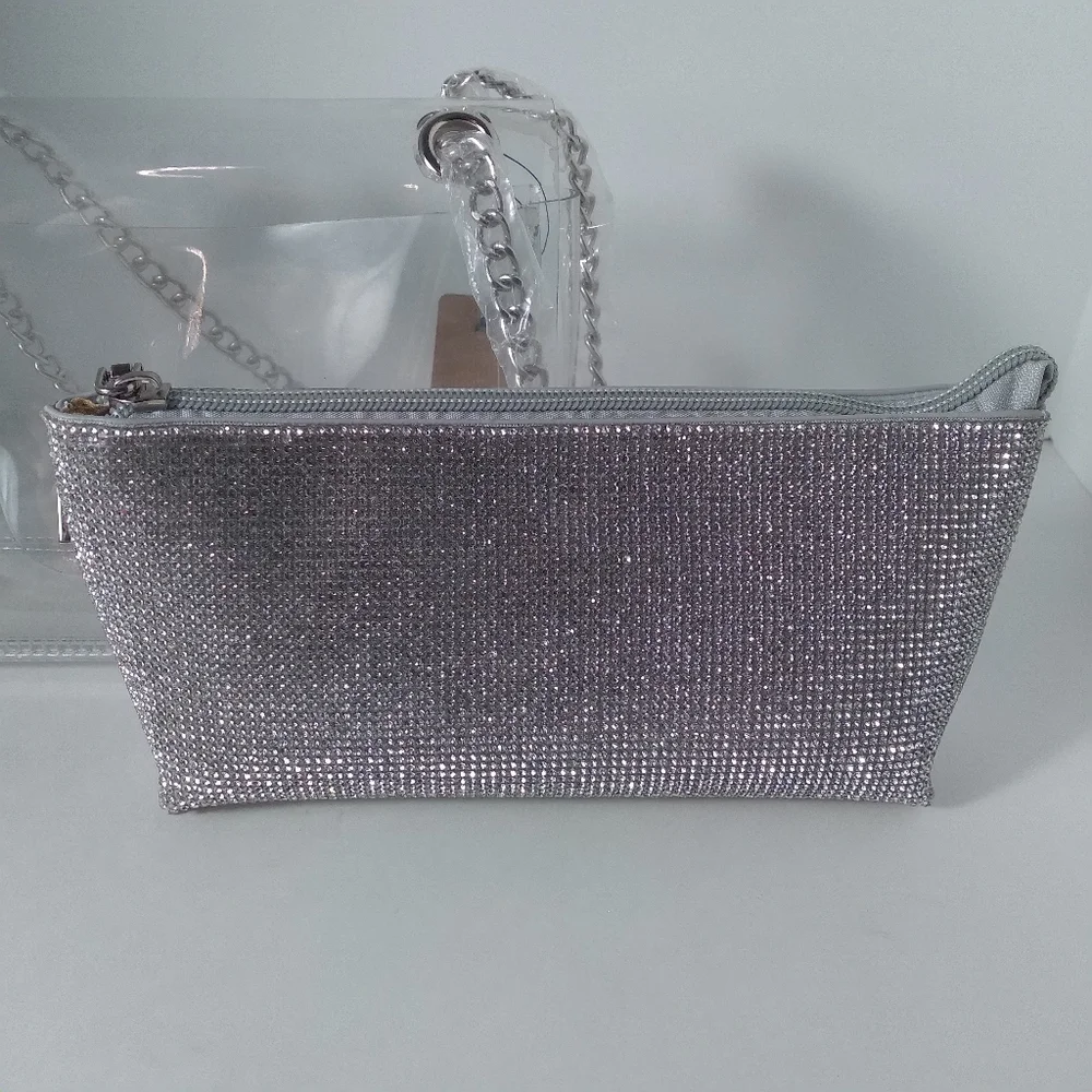 Elegant Clear/Silver Crystal-Embellished Removable Pouch  Bag